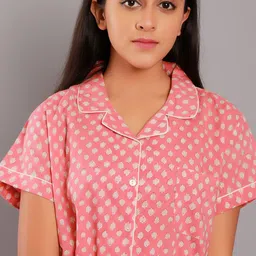 ETC Pink Ethnic Motifs Printed Lapel Collar Pure Cotton Night Suit image 2