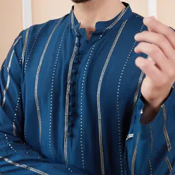 See Designs Striped Mandarin Collar Sequins Chanderi Silk A-Line Kurta image 3