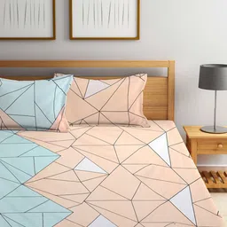 KLOTTHE Blue & Peach-Coloured Geometric 210 TC King Bedsheet with 2 Pillow Covers image 2