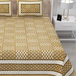 Qfab Yellow & White Geometric Printed 300 TC Cotton King Bedsheet with 2 Pillow Covers image 3