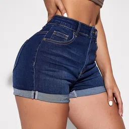 AAHWAN Women Washed Slim Fit High-Rise Denim Shorts image 2