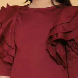 PICCOLO Maroon Solid Satin A-Line Dress with Ruffles image 4