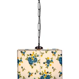 Devansh White & Blue Floral Printed Square Cotton Drum Hanging Lamp image 2