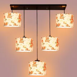 Devansh Beige & Orange Printed Cotton  Round Drum Quintuple Hanging Pendant Lamp image 5