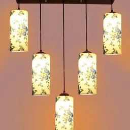 Devansh White & Blue Floral Printed Cylindrical Quintuple Cluster Hanging Lamps image 2