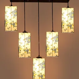 Devansh White Floral Cotton Square Quintuple Hanging Lamp image 3