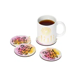 DULI Brown & Pink 4 Pieces Good Vibes Printed Round MDF Wooden Coasters image 2