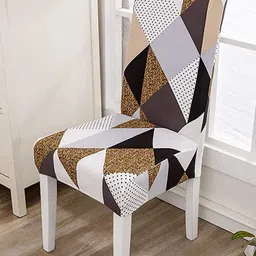 HOUSE OF QUIRK Beige & White 4 Pcs Geometric Printed Stretchable Removable Chair Covers image 2
