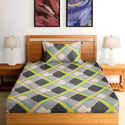 Arrabi Grey & Yellow Geometric 300 TC Single Bedsheet with Pillow Cover image 2