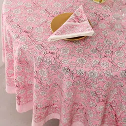 HANDICRAFT PALACE Pink Floral Printed Cotton 4 Seater Round Table Cover With Napkin Set image 2