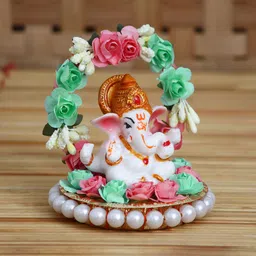 eCraftIndia White & Green Handcrafted Lord Ganesha On Decorative Plate With Throne Of Flowers Showpiece image 5