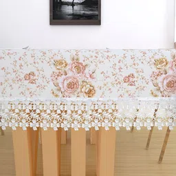 TANLOOMS White & Peach Coloured Floral Printed Jute Cotton 4-Seater Table Cover image 2