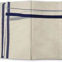 Chithra Fabrics 100% Cotton l Kerala Dhoti | Traditionally Woven 4.00'Meter Double Mundu l With Attractive ½'Inch Ink Blue Border Solid Men Dhoti image 2
