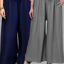 valles365 by s.c. Pack of 2 Women Flared Grey, Dark Blue Viscose Rayon Trousers-picture-11