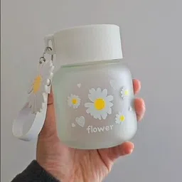 exactor Trendy Cute Daisy Flower Printed Mini Jar Bottle with Keychain Small Leak-Proof Glass Mason Jar image 4