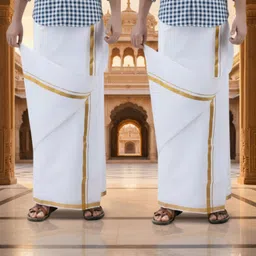 Gugaliya TWO Premium quality Men's White Golden Jari cotton dhoti 2 PIECE Solid Men Dhoti image 4