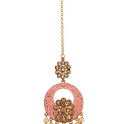 ANIKAS CREATION Gold-Plated & Pink Stone-Studded Enamelled Maang Tikka image 2