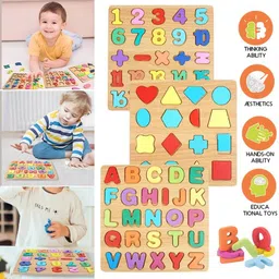 crazycrafts Wooden Puzzle Set of 4 Uppercase, Lowercase, Shapes & Numbers Educational Toys image 5