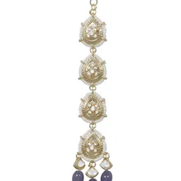 Crunchy Fashion Gold-Plated White & Grey Kundan-Studded Pearl Beaded Enamelled Maang Tikka image 3