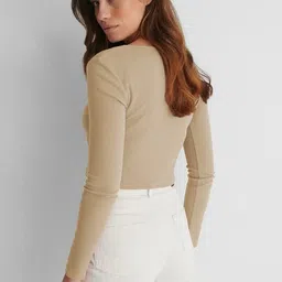 redamancii Round Neck V-Cut Full Sleeve Ribbed Top image 2