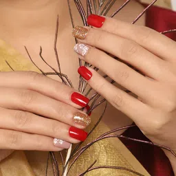 LICK 30 Pcs Glossy Glitter & Flower Print Fake nails-Artificial Nails-Press On Nails - Red image 3