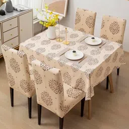 HOUSE OF QUIRK Beige Motif Printed 71" x 55" Waterproof Table Cover with 4 Chair Covers image 5