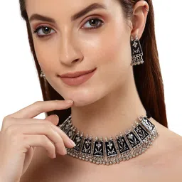 Shining Diva Oxidised Silver-Plated Choker Jewellery Set-picture-32