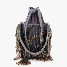 Anekaant Women Grey & Charcoal Grey Embellished Tasselled Potli Clutch image 4