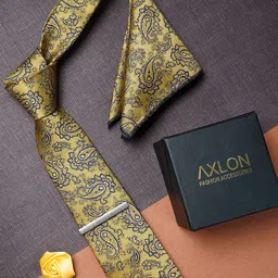 AXLON Men Paisley Woven Design Tie With Pocket Square, Tie Clip & Flower Pin image 2