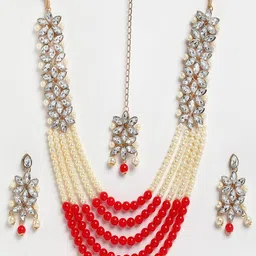 Kennice Gold-Plated Stones-Studded & Beaded Jewellery Set With Maang Tika image 2