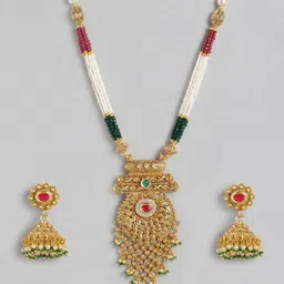Carlton London Gold Plated Kundan Bridal Long Necklace with Earring Set image 2