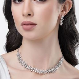 NVR Silver Plated CZ Studded Necklace & Earrings-picture-38