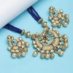 PANASH Gold-Plated Blue Kundan Studded Handcrafted Jewellery Set image 2