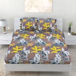 DREAM WEAVERZ Brown & Yellow Floral 260 TC Fitted Bedsheet with 2 Frill Pillow Covers image 3