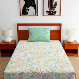 Home Ecstasy Green & White Ethnic Motifs 140 TC Single Bedsheet With Pillow Cover image 3