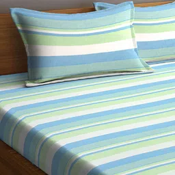 SHADES of LIFE Blue & Green Striped 250 TC King Bedsheet with 2 Pillow Covers image 3