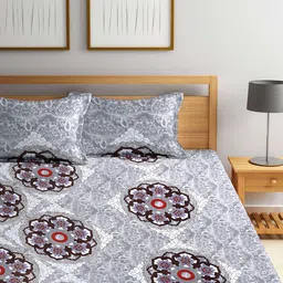 Arrabi Grey & White Ethnic Motifs 300 TC King Bedsheet with 2 Pillow Covers image 5