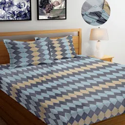 FABINALIV Blue & Beige Geometric 300 TC Fitted King Bedsheet With 2 Pillow Covers image 4
