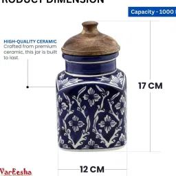 vareesha Hand Painted Blue Mughal Airtight Ceramic Jar with Wooden Lid - 1000 gms image 4
