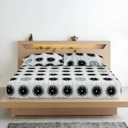 Aurave Grey & Black Floral 210 TC Microfiber King Bedsheet With 2 Pillow Covers image 2
