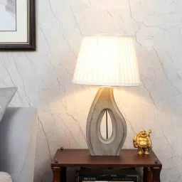 tu casa Off White Satin Shade Table Lamp With Mango Wood Base image 1