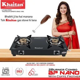 khaitan Gas Stove Combo - 2 Burner Nano Black with Xpress Coffe Frother Battery Operated Glass Manual Gas Stove image 1