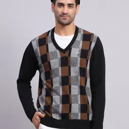 monte carlo Men Self Design V Neck Black Sweater-picture-10