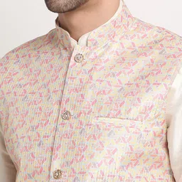KRAFT INDIA Men Cream-Coloured Kurta & Churidar with Nehru Jacket image 3