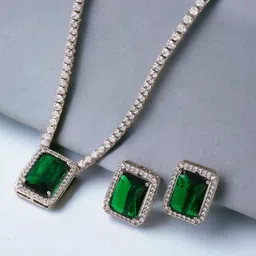 Jewels Galaxy Silver-Plated Crystal Studded Rectangle Shaped Necklace With Earrings image 2