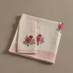 Peepul Tree Off White & Pink 2 Pieces Printed Cotton 300 GSM Towel Set image 3