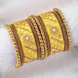 Peora Set of 10 Gold-Plated & Yellow Silk Thread Handcrafted Kundan Bangles-picture-25