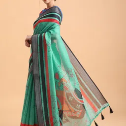 Sangria Sea Green & Red Tie and Dye Pure Linen Saree image 2