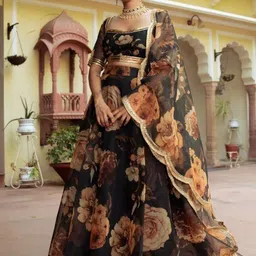 Kedar Fab Printed Organza Semi-Stitched Lehenga & Unstitched Blouse With Dupatta image 3