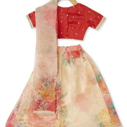 PICCOLO Girls Red & Cream-Coloured Embellished Ready to Wear Lehenga & Blouse With Dupatta image 2